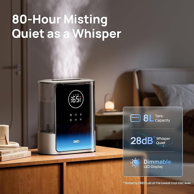 Dreo 8L Smart Humidifier Large Room 600ft², 80H Runtime Supersized Warm and Cool Mist Humidifiers for Bedroom Baby, 28dB Quiet Air Humidifier for Plants Indoor, Home, Whole House, Silver, HM717S