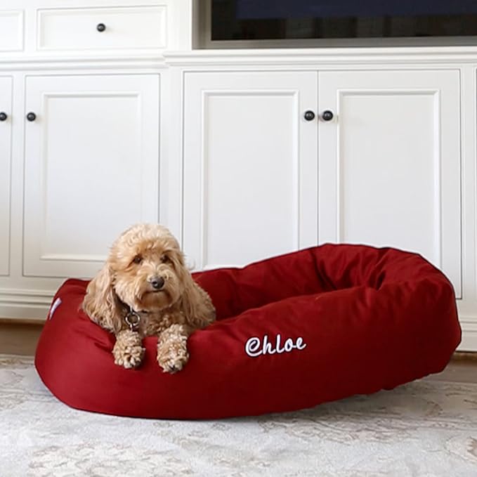 Majestic Pet Personalized 24 Inch Round Calming Dog Bed - Washable, Soft Donut Dog Bed with Spine Support, 24x19x7 Inch, Small - Red