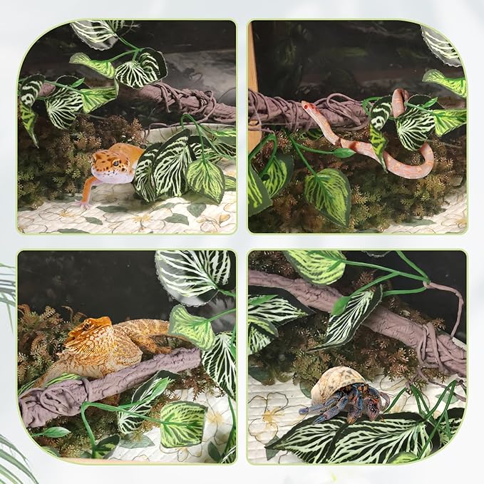 VCEPJH Reptile Climbing Branch Decor 2 Pcs Bendable Jungle Vine with Suction Cup Terrarium Plant Decoration for Gecko Bearded Dragons, Snake,Frogs, Chameleons Cage Accessories (T)
