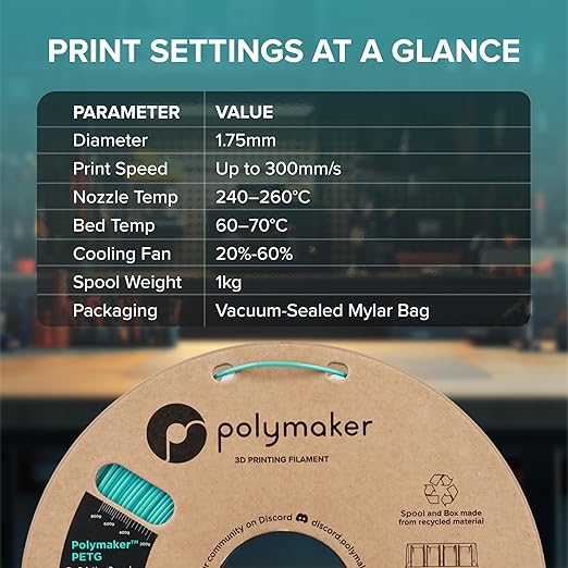 Polymaker PETG Blue 3D Printer Filament 1.75mm 1kg, High Speed PETG up to 300mm/s, High Strength New Formula, Excellent Layer Adhesion, Warp Free, Compatible with Most 3D Printers