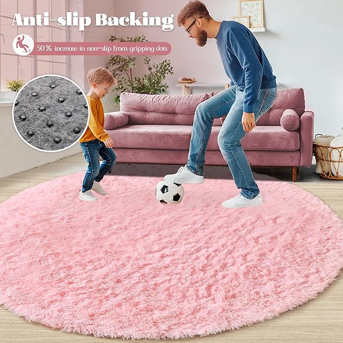 4FT Round Rug for Bedroom: Fluffy Shag Soft Washable Rugs Circle Small Fuzzy Plush Indoor Carpet for Living Room Nursery Playroom Dorm Kids Girls Boys Room (Pink, 4'x4')