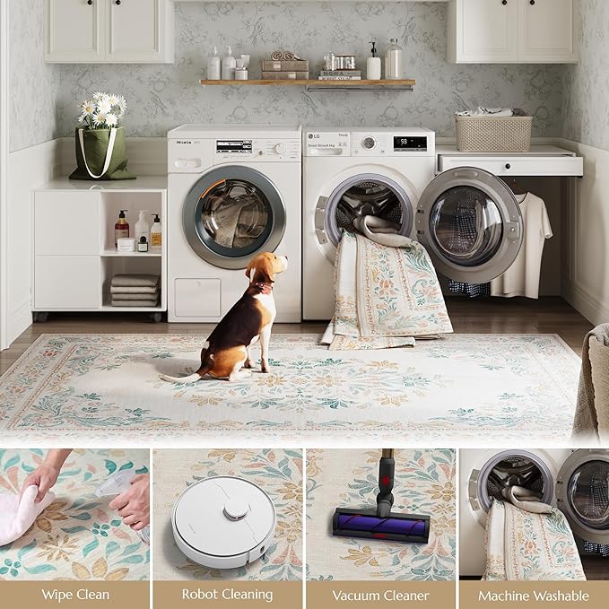 jinchan Vintage Floral Runner Rug 2x6 - Machine Washable Distressed Design Non-Slip Low-Pile Soft Thin Carpet for Hallway Kitchen Farmhouse Bedroom Entryway Laundry Room (2x6ft,Apricot Multi)