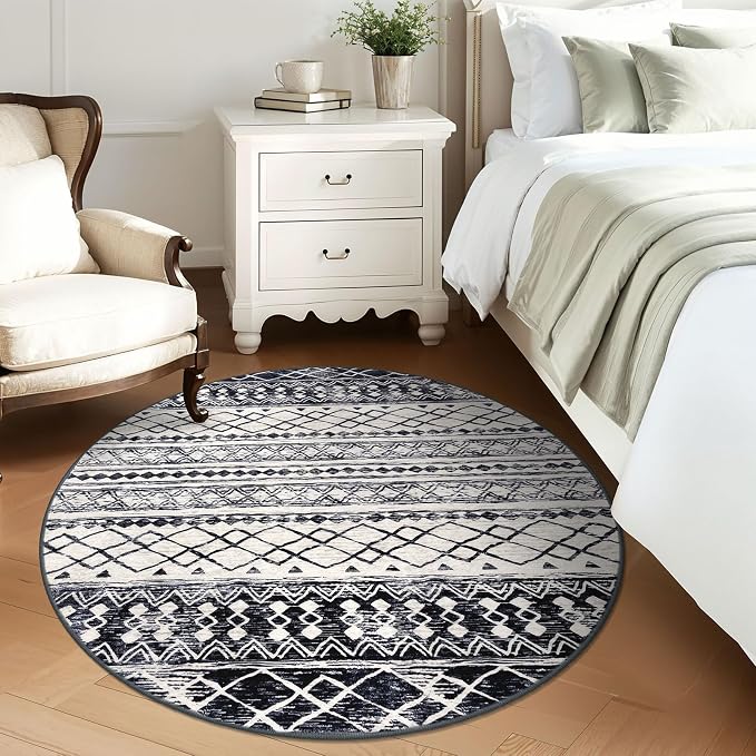 KUTA Washable Rugs Round 5Ft Black Navy Blue Boho Area Rug