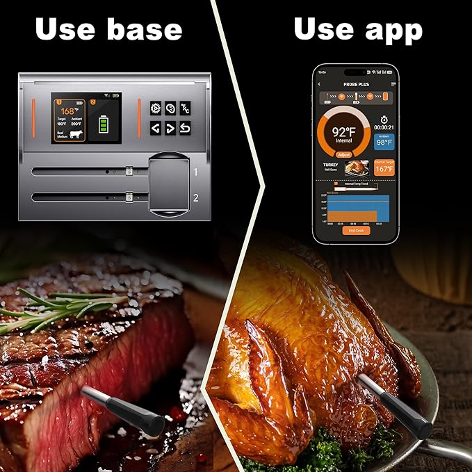 Wireless Meat Thermometer 2 Probes, Bluetooth Smart Meat Thermometer Digital Wireless Remote Tracking and Real-Time Readings, Standalone Base & Thinnest Probe, iOS and Android, for Grill, BBQ, Smoker