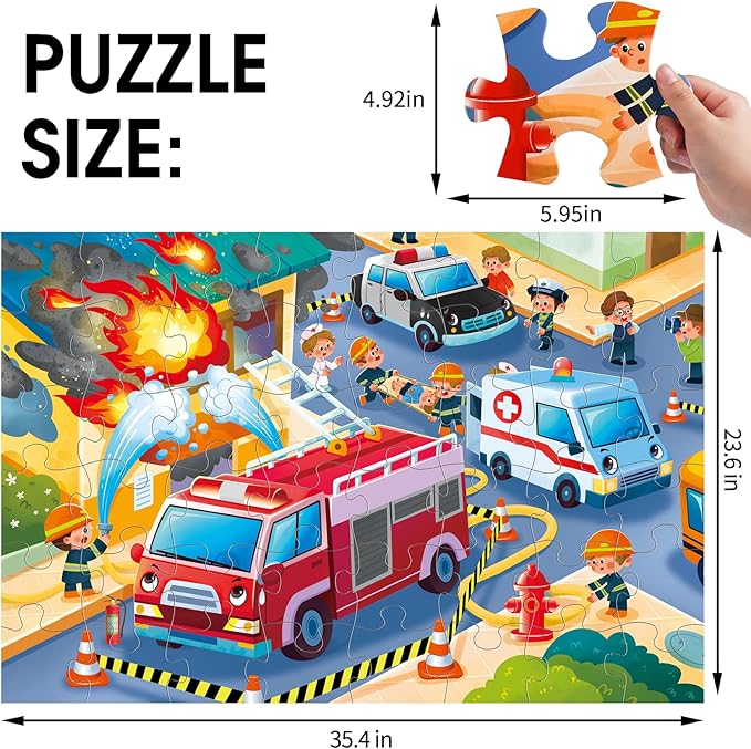 Jumbo Floor Puzzle for Kids,Fire Rescue Jigsaw Large Puzzles,48 Piece Firefighter Fireman Fire Truck Puzzle for Toddler Ages 3-5,Children Learning Preschool Educational Toys,Gift for 4-8 Years Old