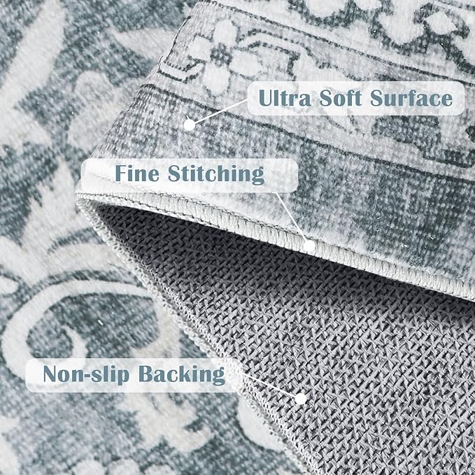 jinchan Floral 9x12 Area Rugs for Living Room - Machine Washable Vintage Distressed Boho Design Soft Throw Rug Large Carpet Low-Pile Thin Non-Slip for Bedroom Dining Room Nursery (9‘x12',Grey)