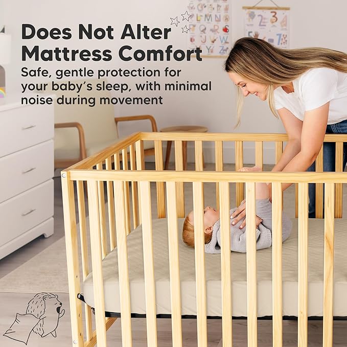 Waterproof Crib Mattress Protector Cover Fitted - 2-Pack Quiet Baby Crib Mattress Pad Sheets, 52" x 28" Soft Quilted Cotton Baby Sheet, Machine Washable, Easy Fit, Durable (Oat/Mavy)