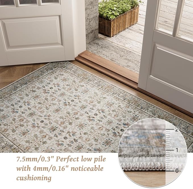 Washable 4x6 Rugs for Living Room, Boho Non-Slip Silicone Backing Small Rugs for Bedroom Nursery Office, 0.3" Neutral Oriental Throw Carpet with 0.16" Cushioning Pad, Cream/Multi