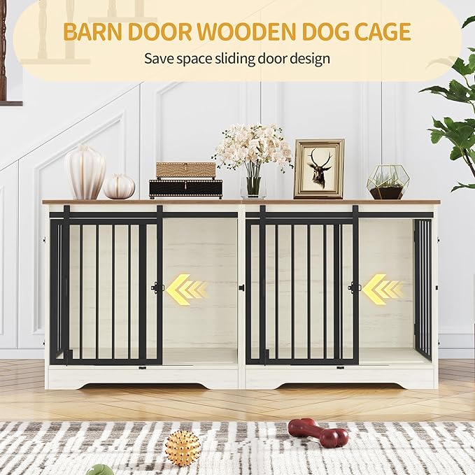 54" Dog Crate Furniture for 2 Dogs, Double Dog Cage with Divider, Wooden Heavy Duty Dogs Kennel, Pet Cage with Barn Door, TV Stand for Large Small Medium Pet, White Brown DFC88314B