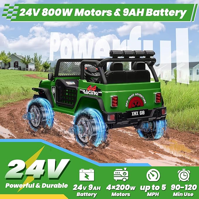 24V 4WD Ride on Truck Car w/800W Motors, Gift Flower, Remote Control, 2 Seaters, Light Bar, 3 Speeds, Pop Music, Power Four Wheels, 24 Volt Ride on Toy Car for Big Kids, Green