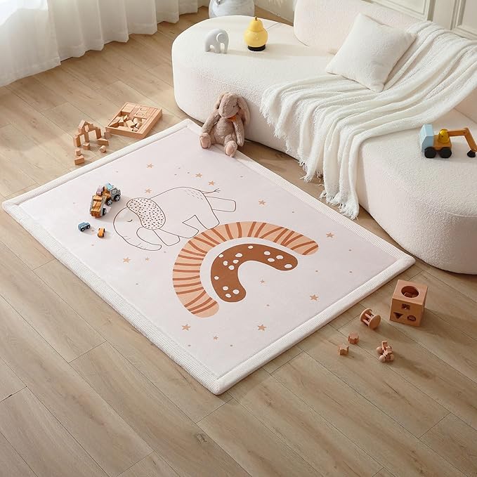 Stylish Coral Baby Play Mat for Floor 47" x 67" Rainbow Elephant – Soft 1" Thick High-Density Memory Foam Nursery Rug,Kids Rug with Non-Slip Backing for Crawling & Playing, Playroom Rug, Kids Carpet