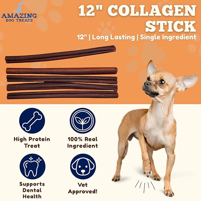 Amazing Dog Treats 12 Inch Collagen Stick - (5 Count) - Collagen Sticks for Dogs - No Hide Dog Bones