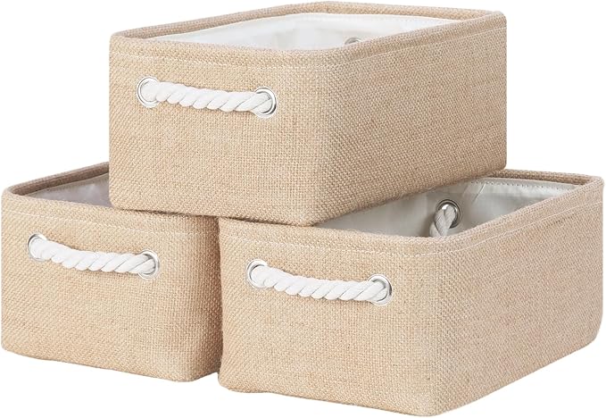 Bidtakay Small Storage Baskets for Shelves 3 Pack Fabric Storage Bins for Organizing Linen Collapsible Organizer for Closet-Flaxen