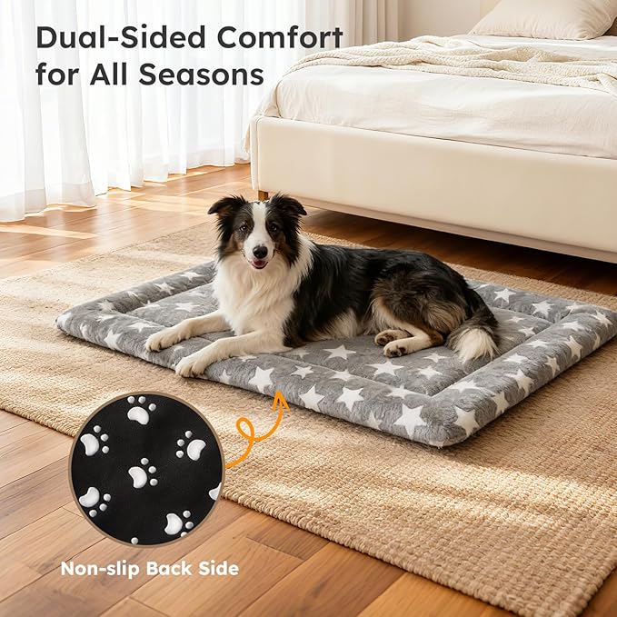 Dog Bed Mat, Dual-Sided Dog Crate Bed Mat - Ultra Soft & Machine Washable Kennel Pad for Small Dogs, All-Season Comfort Pet Bed for Crates, Travel, and Home, Star Gray, 24 x 16 Inch