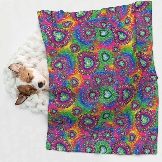 Double Sided Plush Pet Blanket with Cozy Dot Texture and Smooth Reverse, Tie Dye Psychedelic Purple Love Heart, Reversible Throw for Dogs Cats on Couches Beds Crates
