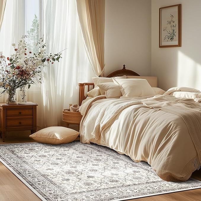 jinchan Floral 5x7 Area Rugs for Bedroom - Machine Washable Vintage Distressed Boho Design Throw Rug Stain Resistant Carpet Low-Pile Thin Non-Slip for Nursery Living Room Dining Room (5‘x7',Beige)