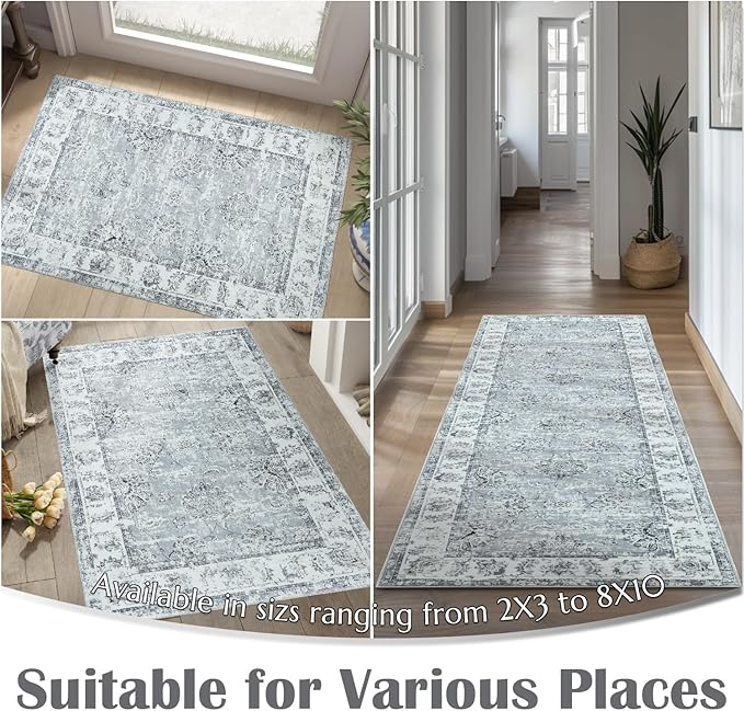 jinchan Hallway Runner Rug 3x8 Washable Runner - Vintage Floral Non Slip Low-Pile Soft Thin Faux Wool Kitchen Rug Distressed Carpet for Farmhouse Bedroom Laundry Room(3x8ft,Grey)