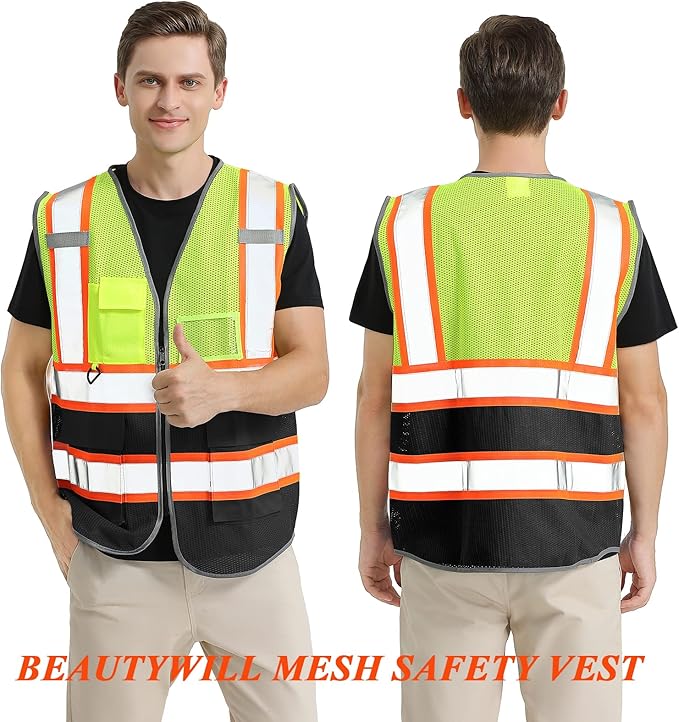 BeautyWill 10 Pack Custom Mesh Safety Vest Customized Logo Class2 High Visibility Reflective Vest with Pockets Construction workwear（Yellow Black，3XL ）