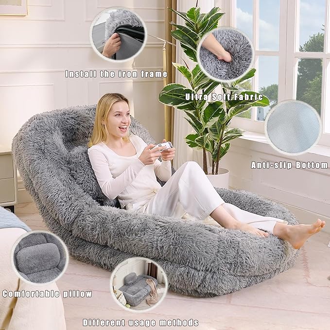 Human Dog Bed for Adult and Kids, Comfy Foldable Lazy Floor Sofa Bed with 5 Adjustable Position, Grey Upholstered Floor Bean Bag Lounger Chair for Bedroom, Living Room,Office (Gray)