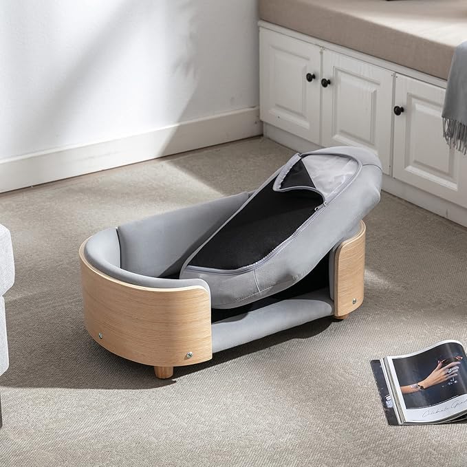 Scandinavian Style Elevated Dog Bed, Pet Sofa with Solid Wood Frame & Walnut Bent Wood Back, Orthopedic Support, Removable Washable Velvet Cover, Small Size, Light Grey