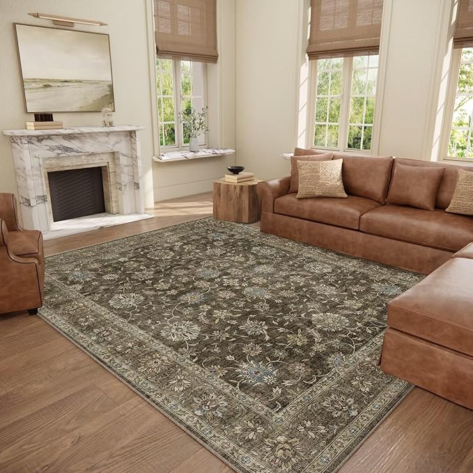 Washable 8x10 Area Rugs for Living Room, Boho Non-Slip Silicone Backing Rugs for Bedroom Dining Room Nursery Office, 0.3" Neutral Oriental Throw Carpet with 0.16" Cushioning Pad, Flaxen/Multi