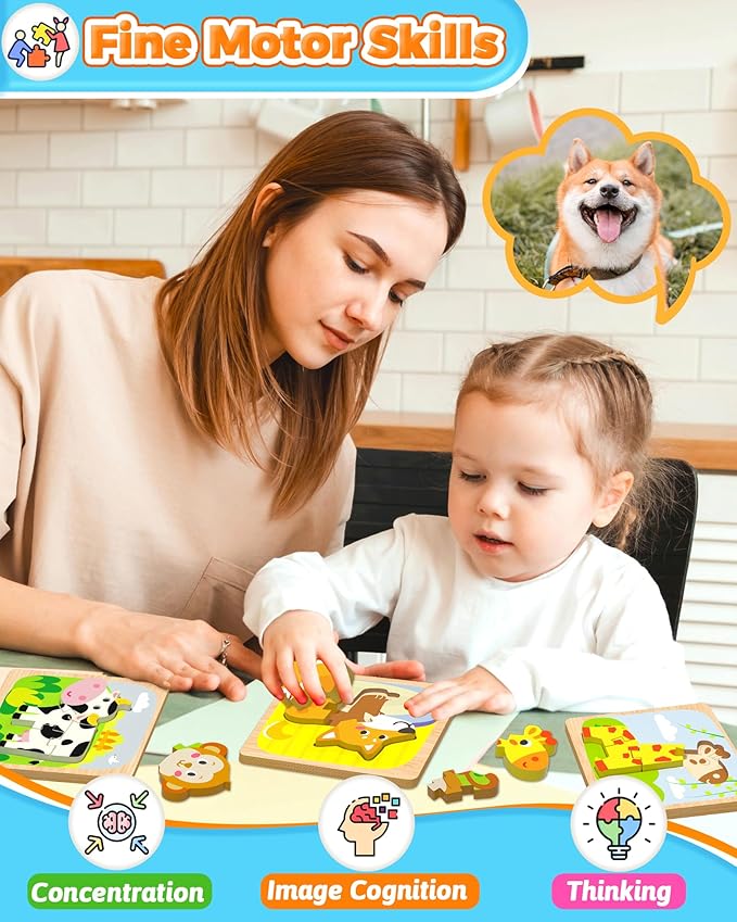 Benresive Wooden Toddler Puzzles, 8pcs Animal Montessori Toys for 1-3 Year Old Boys & Girls, Learning Educational Preschool Toys, Great Gifts for 1 2 3 Year Olds