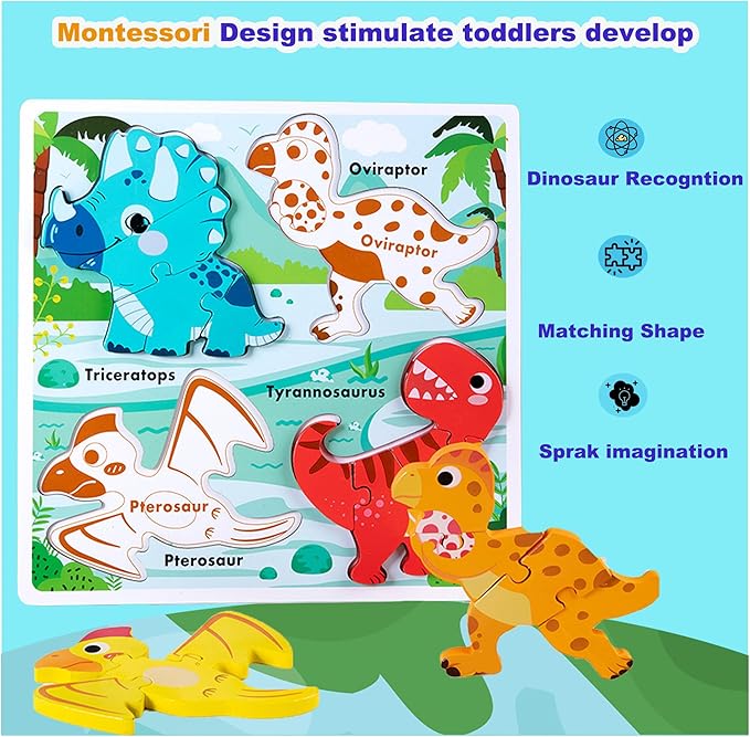 Wooden Jumbo Base Dinosaur Puzzle1-3, Dinosaurs Toys for 2 3 Years Old Boy Girls Kids,Toddler Toys Ages 2-4,Preschool Wood Dino Educational Gifts for Boys