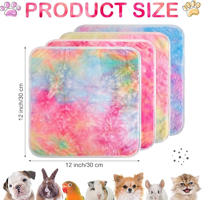Tudomro 8 Pcs Guinea Pig Blankets Absorbent Washable Animal Fleece Bedding Cage Liners Waterproof Reusable Pet Pee Sleep Mat Pad Cover for Chinchilla Hamster Ferret(Tie Dye,12 x 12 Inch)