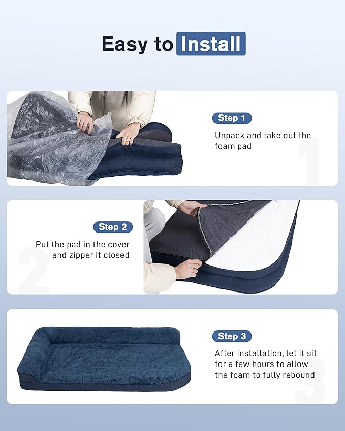 35'' x 22'' x 3.2'' L-Shaped Orthopedic Dog Beds, Medium Dogs Bed with Removable Cover and Nonskid Bottom, Navy Blue