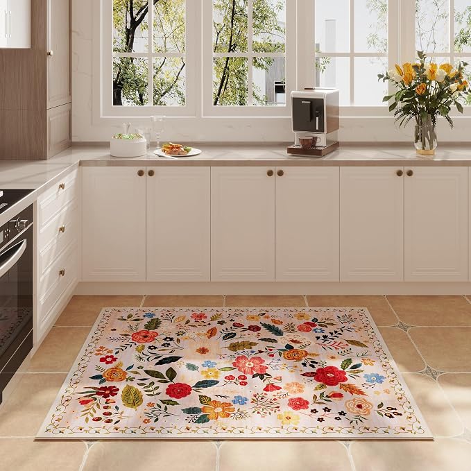 Rugcomf Door Mat Indoor Entrance 2x3 Rug Machine Washable Boho Floral Small