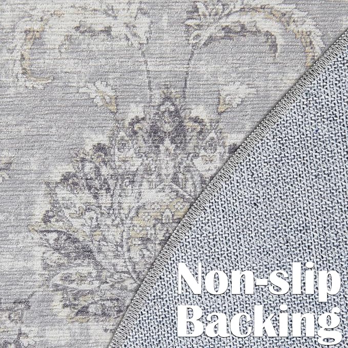 jinchan Round Rug 4ft Area Rugs Vintage Floral Distressed Design - Machine Washable Non-Slip Low-Pile Ultra-Thin Circle Rug for Entryway Bedside Living Room Dining Room Bedroom (4' Round,Grey)