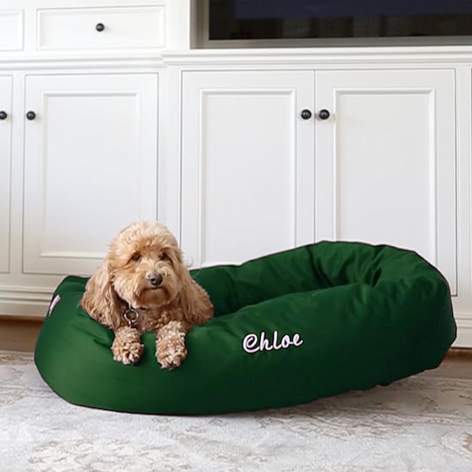 Majestic Pet Personalized 40 Inch Bagel Calming Dog Bed Washable – Cozy Soft Round Dog Bed with Spine Support for Dogs to Rest Their Head - Fluffy Donut Dog Bed 40x29x9 (Inch) - Large – Green