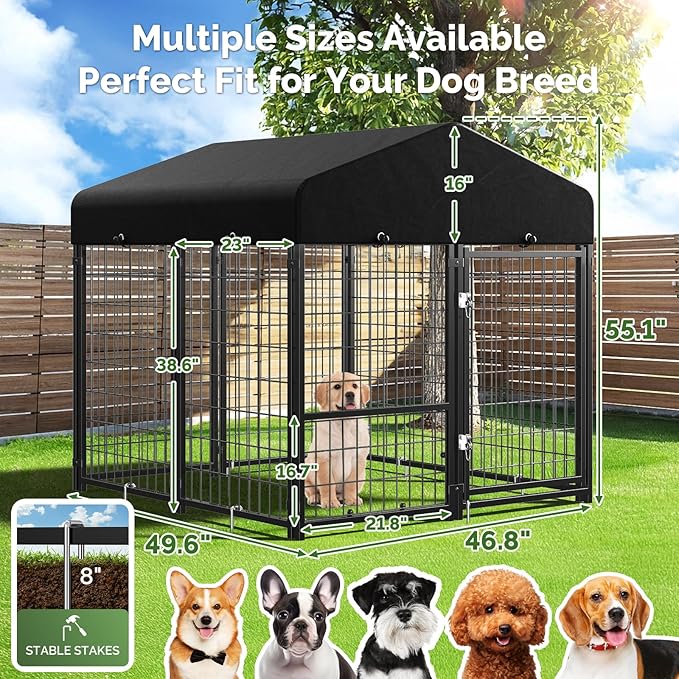 Sino Luban Outdoor Dog Kennel Outside Run with Doggy Door&Waterproof Roof - 4x4x4.6FT Large Dog Kennels Pens Outside for Small/Medium Dogs - Heavy Duty Cage Yard (Can Connect to Your Dog House)