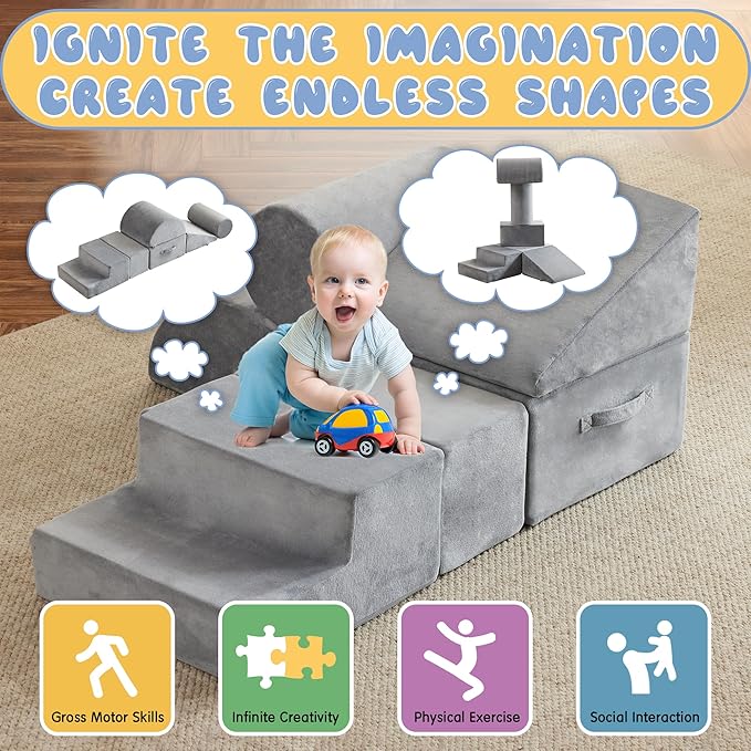 jela Foam Blocks 6Pcs Soft Play Equipment Soft Velvet, Toddler Climbing Toys Indoor Soft Play Climbing for Toddlers, Lightweight Climbing Blocks for Babies, Kids, Climb and Crawl Foam Playset