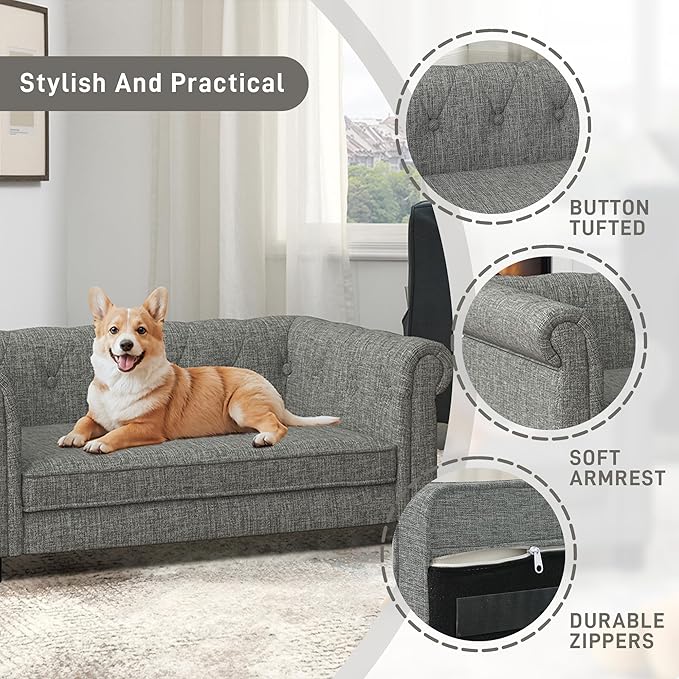 Dog Sofa Couch for Medium to Large Dogs, Memory Foam Pet Sofa Couch with Washable Fabric, Durable Elevated Dog Bed with Legs, Removable Cushion for Medium and Large Dogs, Light Gray