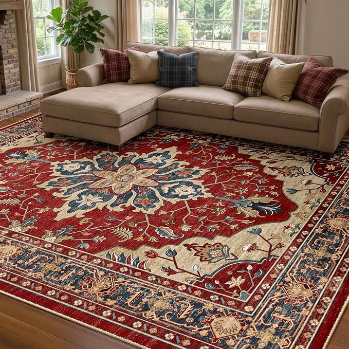 RELEANY Area Rugs 7'x9' Washable Non-Slip, Floral Vintage Distress Medallion