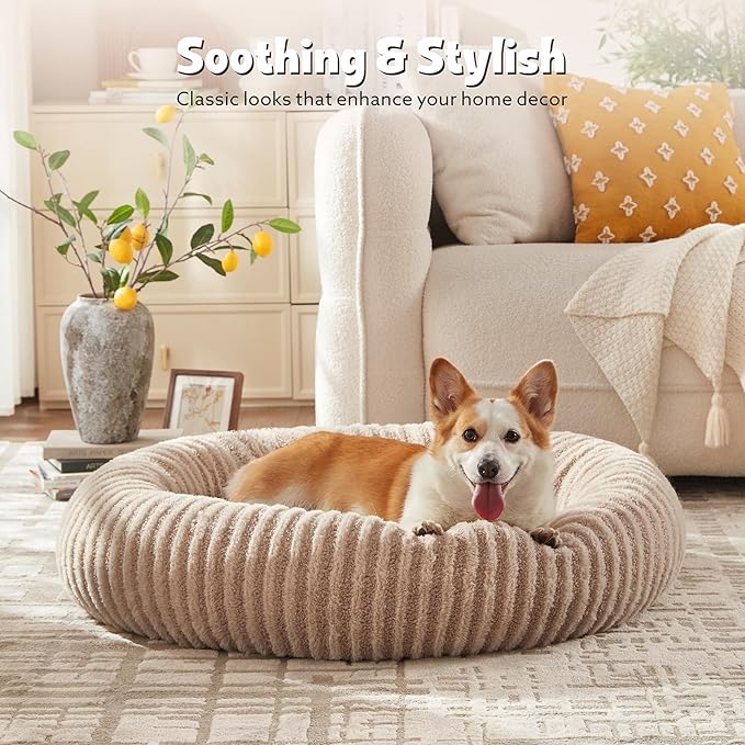 MIXJOY Dog Beds for Small Dogs, Washable Dog Bed with Removable Cover, Small Cat Bed for Indoor Cats, Calming Soft Dount Pet Beds with Anti Slip Bottom, Cute Puppy Beds, 23"x23"x8", Beige