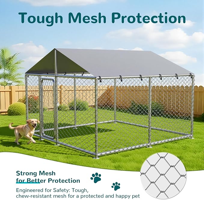 7.8'x7.8' Outdoor Dog Kennel, Heavy-Duty Dog Enclosure with Wire Mesh Fence, Lock & Waterproof Cover for Large Dogs