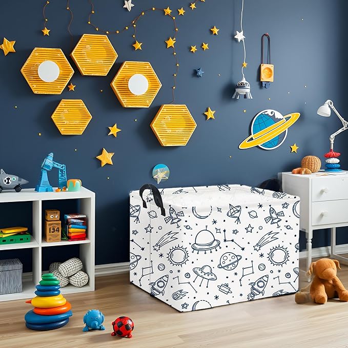 HIYAGON Rectangular Space Basket for Boys Kids Baby Storage Basket Storage Bin Organizer Box Room Decor(Spaceships)