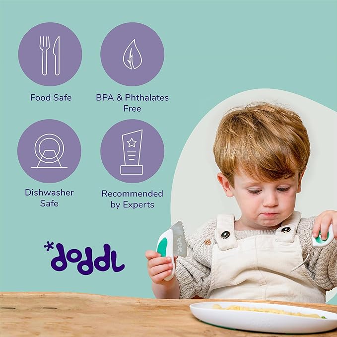 doddl Toddler Utensils, Ergonomic Fork Spoon and Knife Set for Self Feeding, Stainless Steel Silverware for 1-3 Year Olds, BPA Free, Dishwasher Safe (Aqua)