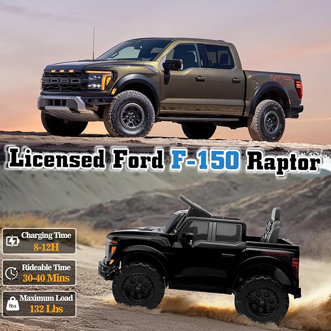 12V Ride on Car Licensed Ford F-150 Raptor, Kids Electric Car with Remote Control, LED Light/Music/MP3, Truck Bed Storage, 3-Point Seat Belt (12V, Black)