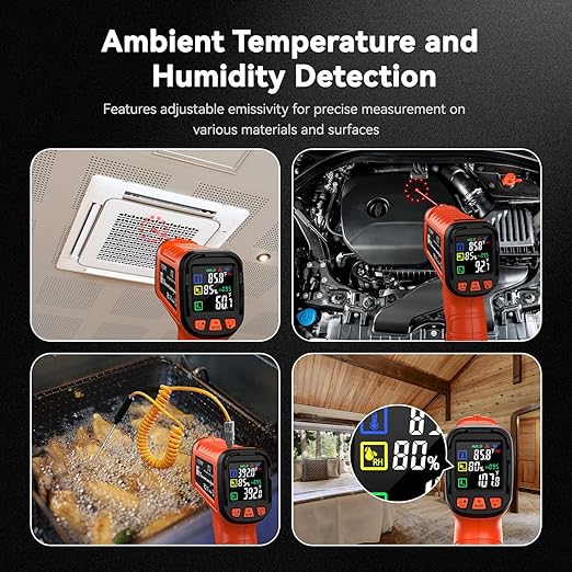 -58°F to 2732°F Infrared Thermometer Temperature Gun with Thermocouple Probe, 50:1 Laser Temperature Gun for Humidity Measurement, BBQ, AC, High Temp Gun for Engine, Kiln, Forging, Industrial Use