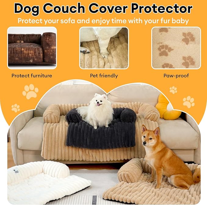 FUNNY FUZZY Pet Couch Cover for Sofa, Calming Dog Bed for Couch, Fluffy Plush Cat Bed Mat for Furniture Protector for Small Dogs and Kitten, 27×24 in, Cream White