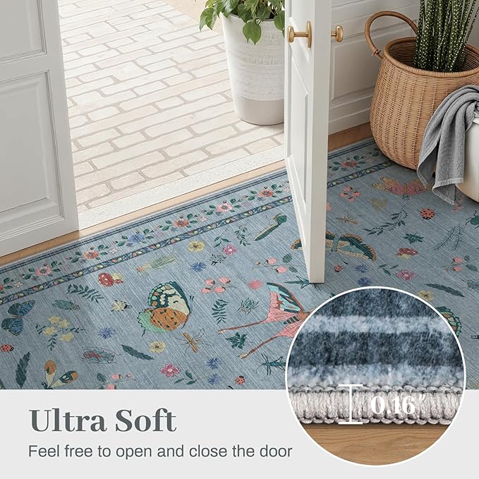 3x5 Washabl Rug with Insect Print - Bug Rug Non-Shedding Stain Resistant Soft Small Carpet for Bedroom, Low Pile Ultra-Thin Machine Washable Carpet for Nursery,Entrance, Office (3'x5' Blue)