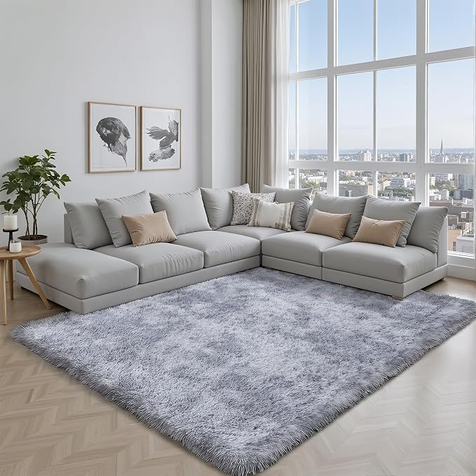 Area Rug for Living Room Bedroom: 6x9 Light Grey Soft Fluffy Shag Upgrade