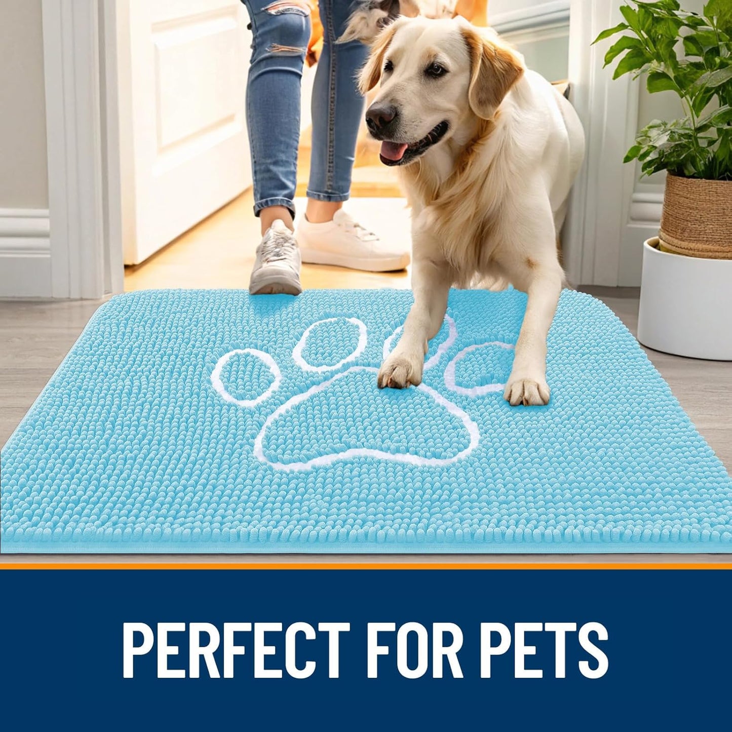 OLANLY Door Mat for Muddy Dog Paws 24x16, Ultra Absorbent Chenille Mud Doormat with Paw Print Design, Non-Slip Washable Doormat for Indoor Entryway, Quick-Dry Pet Bed Mats for Dirty Dogs, Blue
