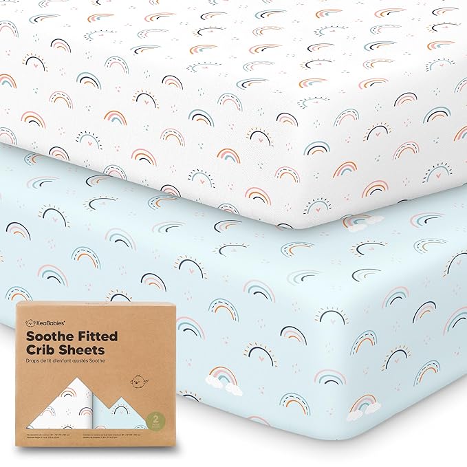 KeaBabies 2-Pack Organic Crib Sheets for Boys, Girls - 52x28 Fitted Crib Mattress Sheet Neutral, Breathable Jersey Cotton Cover for Baby Bed, Toddler Mattress, Soft & Cute Prints (Jolly Rainbow)