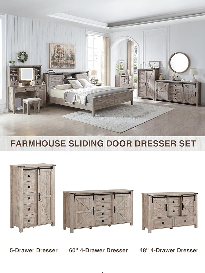 T4TREAM 48'' Farmhouse Dresser for Bedroom w/4 Drawers & Sliding Barn Doors, Tall Chest of Drawers, Rustic Dresser TV Stand w/Shelf, Organizer for Bedroom, Living Room, Foyer,Light Rustic Oak