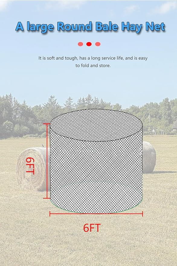 6 * 6ft Heavy Duty Slow Feeding Horse Hay Net - 1.75-inch knotless Design Saves 60% hay, 800 lbs Weatherproof Round Bale Feeder for Cattle/Goats/Sheep (6ft)