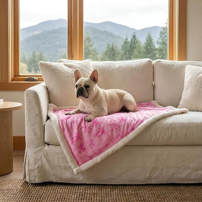 Tegeme Pink Bow Waterproof Small Dog Blanket, 40"x28" Reversible Soft Plush Pet Blanket for Couch Sofa Protection, Pee Proof Cat Dog Throw for Small/Medium Breeds